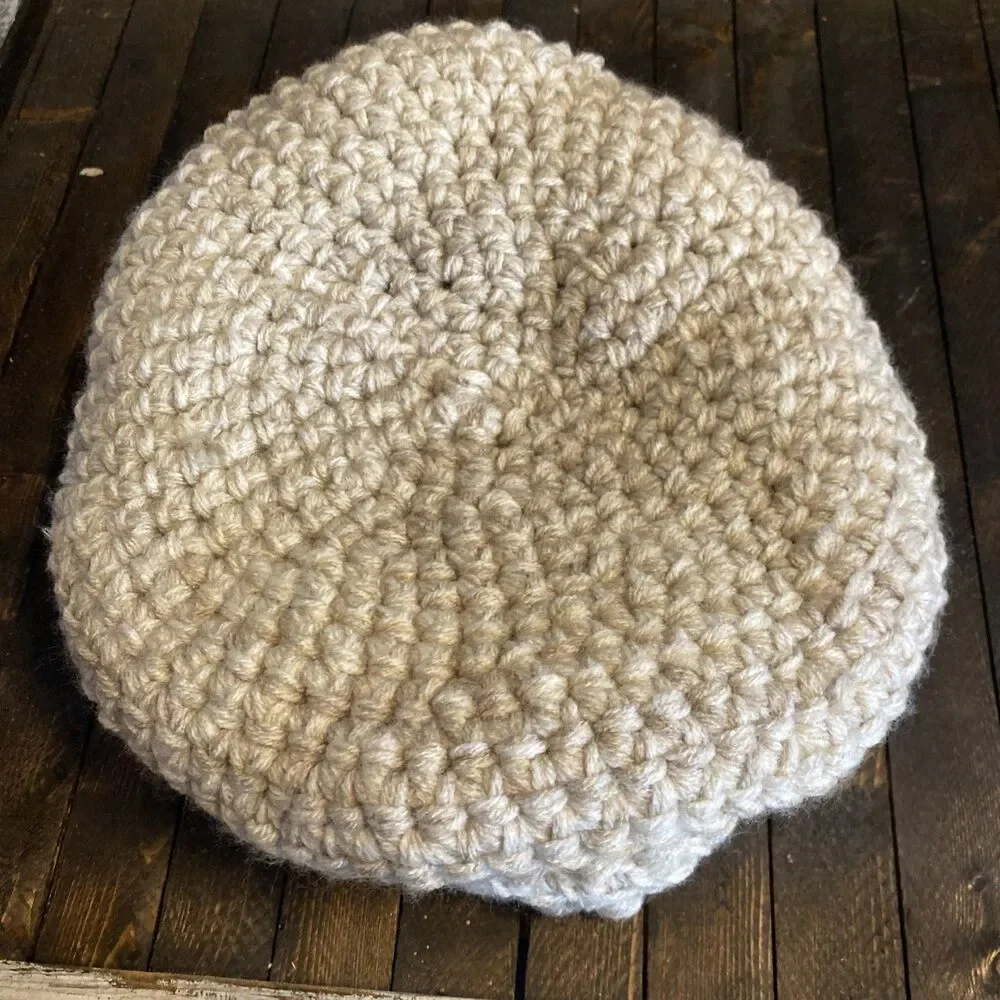 Small Handmade Crochet Round Cat Dog Bed Warm Snuggle Padded Beige